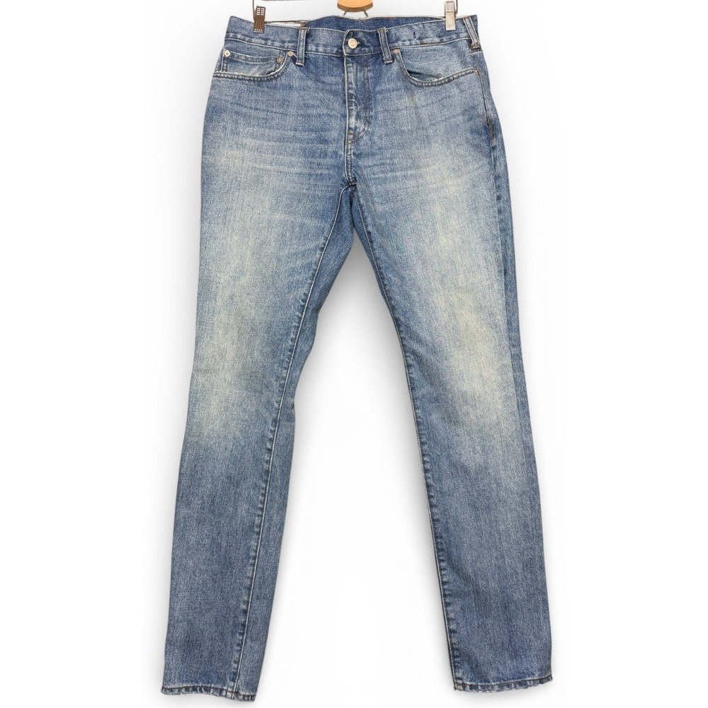 J Crew 484 Slim Fit Jeans Men 36x34 FITS 36x33 Blue Wash Whiskering Fade Stretch